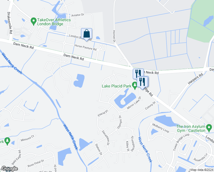 map of restaurants, bars, coffee shops, grocery stores, and more near 1708 Caroga Court in Virginia Beach
