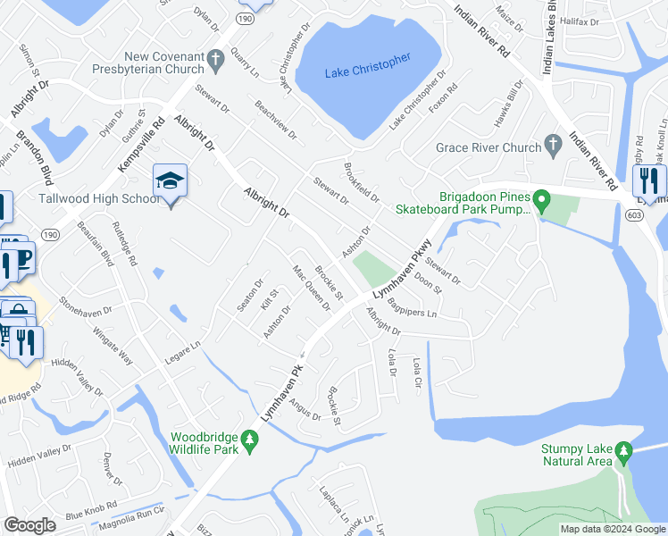 map of restaurants, bars, coffee shops, grocery stores, and more near 5425 Albright Drive in Virginia Beach