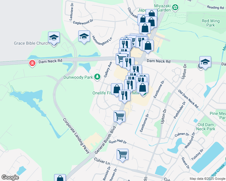 map of restaurants, bars, coffee shops, grocery stores, and more near 1108 Loveland Lane in Virginia Beach