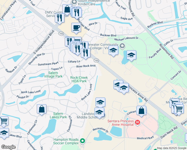map of restaurants, bars, coffee shops, grocery stores, and more near 1692 River Rock Arch in Virginia Beach