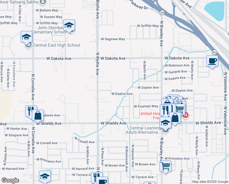map of restaurants, bars, coffee shops, grocery stores, and more near 4294 West Dayton Avenue in Fresno