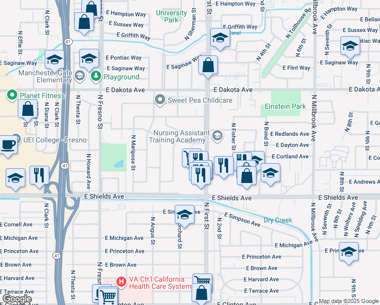 map of restaurants, bars, coffee shops, grocery stores, and more near 3054 East Dayton Avenue in Fresno
