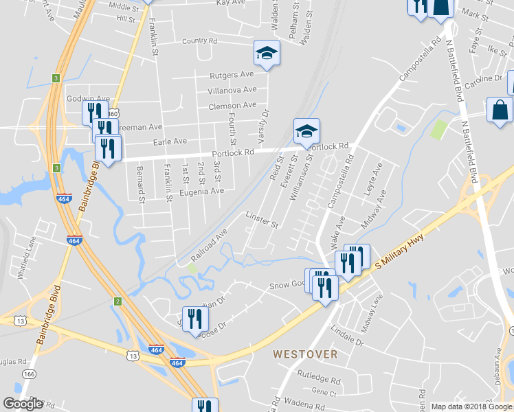 map of restaurants, bars, coffee shops, grocery stores, and more near 4157 Reid Street in Chesapeake