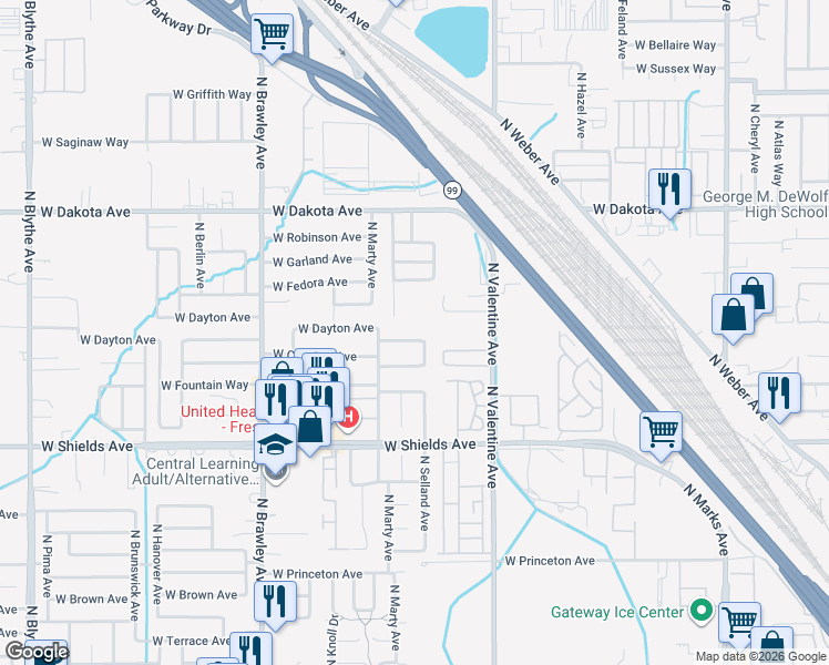 map of restaurants, bars, coffee shops, grocery stores, and more near 3522 West Dayton Avenue in Fresno