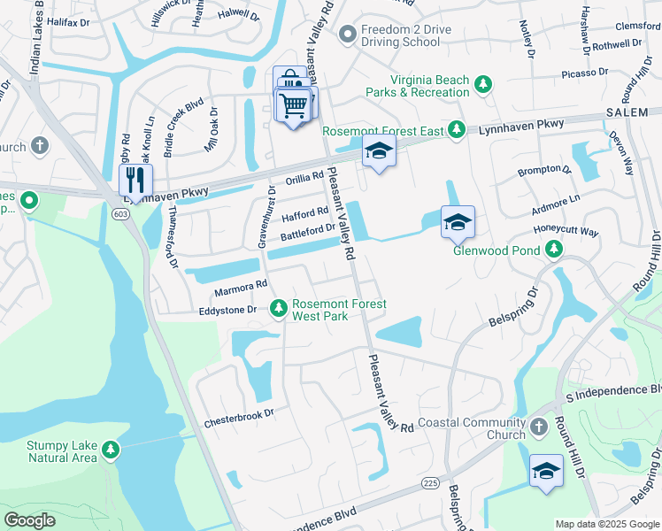 map of restaurants, bars, coffee shops, grocery stores, and more near 1305 Spinweb Arch in Virginia Beach
