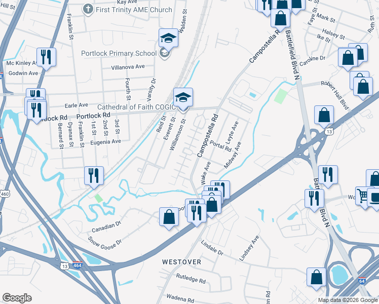 map of restaurants, bars, coffee shops, grocery stores, and more near 100 Homecrest Boulevard in Chesapeake