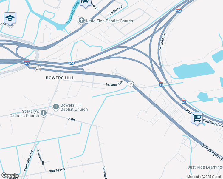 map of restaurants, bars, coffee shops, grocery stores, and more near 4500 Moonlight Way in Chesapeake
