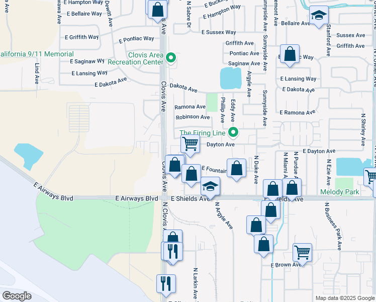 map of restaurants, bars, coffee shops, grocery stores, and more near 5652 Dayton Avenue in Fresno
