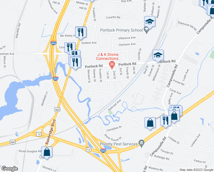 map of restaurants, bars, coffee shops, grocery stores, and more near 4130 1st Street in Chesapeake