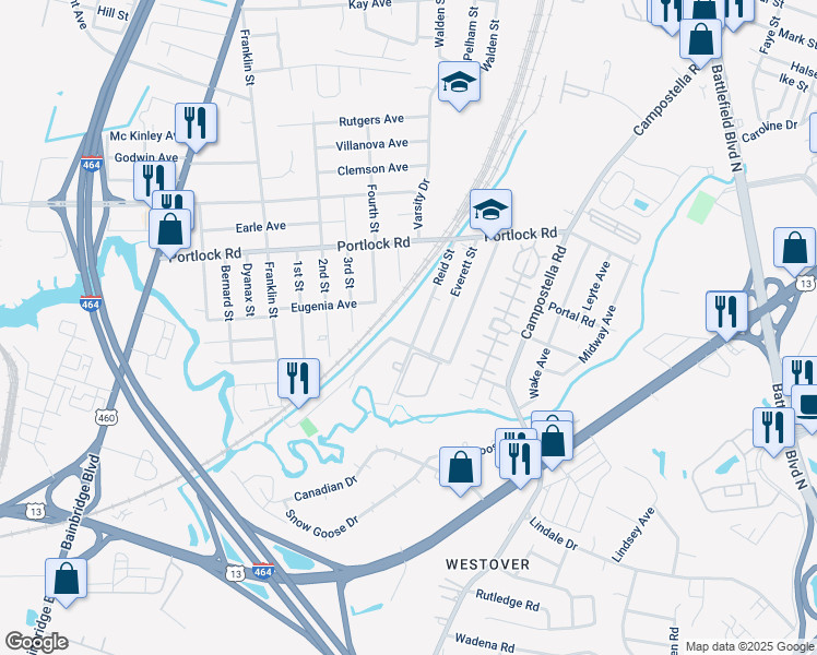 map of restaurants, bars, coffee shops, grocery stores, and more near 4157 Reid Street in Chesapeake