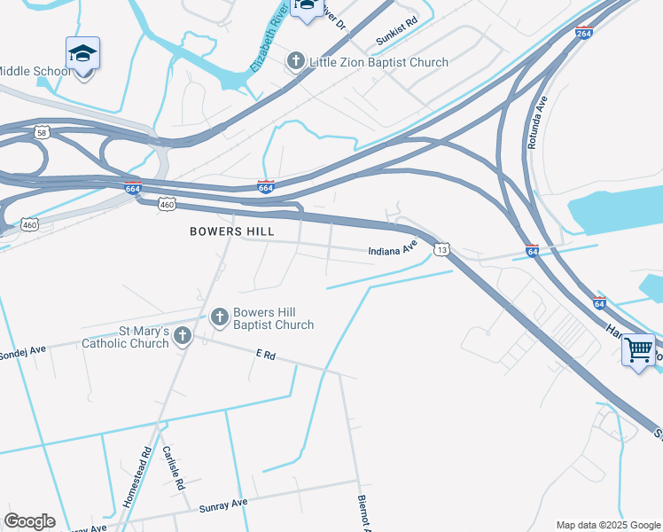 map of restaurants, bars, coffee shops, grocery stores, and more near 4541 Moonlight Way in Chesapeake