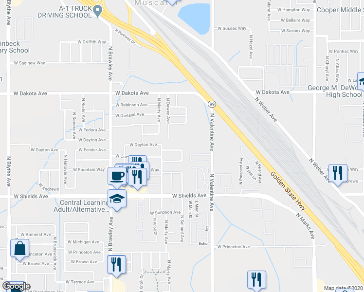 map of restaurants, bars, coffee shops, grocery stores, and more near 3522 West Dayton Avenue in Fresno