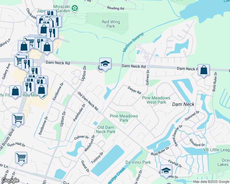 map of restaurants, bars, coffee shops, grocery stores, and more near 848 Dwyer Road in Virginia Beach