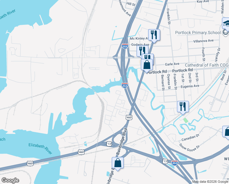 map of restaurants, bars, coffee shops, grocery stores, and more near 4309 Whitfield Lane in Chesapeake