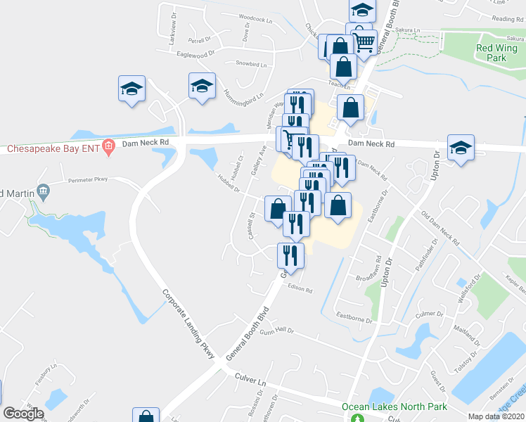 map of restaurants, bars, coffee shops, grocery stores, and more near 1116 Loveland Lane in Virginia Beach