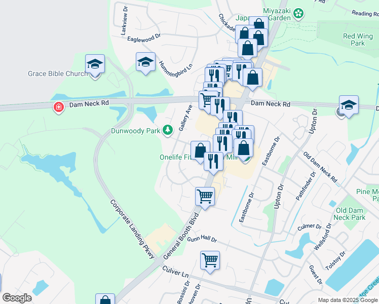 map of restaurants, bars, coffee shops, grocery stores, and more near 1116 Loveland Lane in Virginia Beach