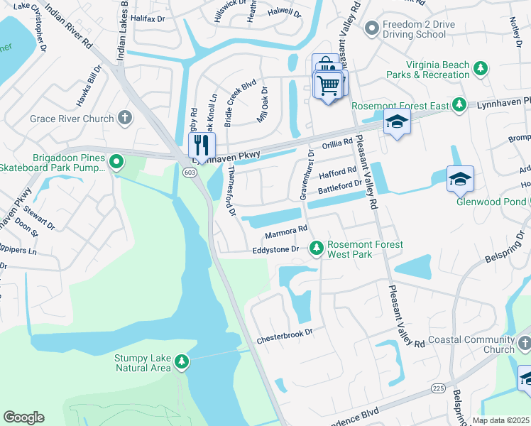 map of restaurants, bars, coffee shops, grocery stores, and more near 1501 Collingswood Trail in Virginia Beach