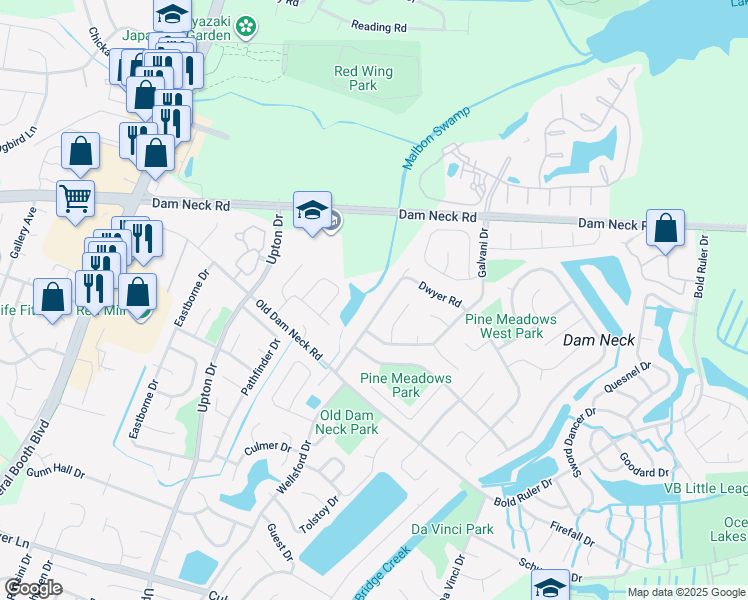 map of restaurants, bars, coffee shops, grocery stores, and more near 848 Dwyer Road in Virginia Beach