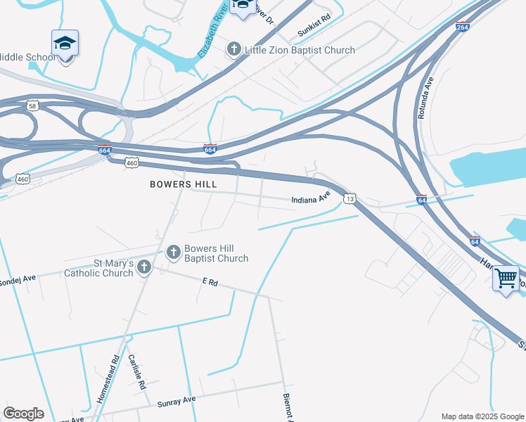map of restaurants, bars, coffee shops, grocery stores, and more near 4541 Moonlight Way in Chesapeake