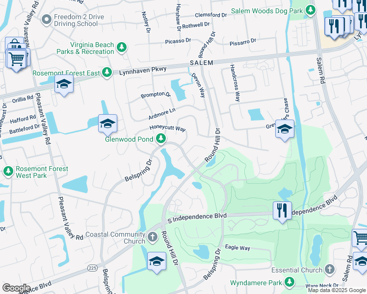 map of restaurants, bars, coffee shops, grocery stores, and more near 929 Honeycutt Way in Virginia Beach