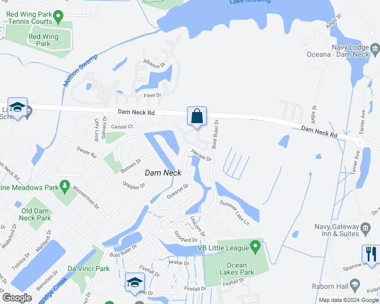 map of restaurants, bars, coffee shops, grocery stores, and more near 701 Hecate Drive in Virginia Beach