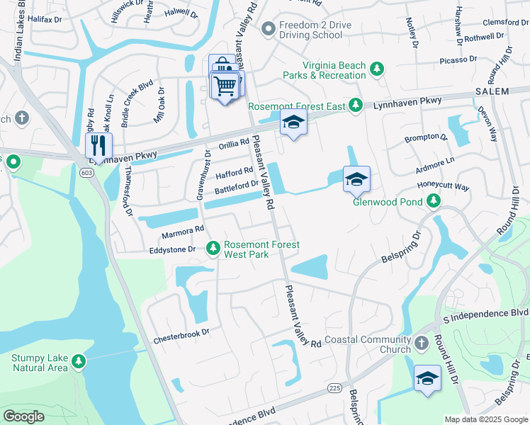map of restaurants, bars, coffee shops, grocery stores, and more near 1305 Spinweb Arch in Virginia Beach