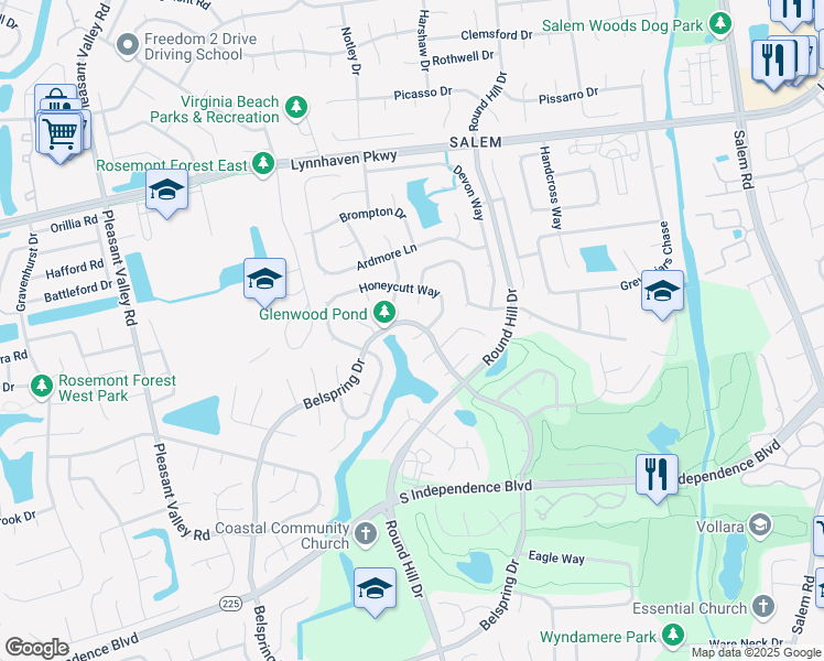 map of restaurants, bars, coffee shops, grocery stores, and more near 1896 Pepperell Drive in Virginia Beach