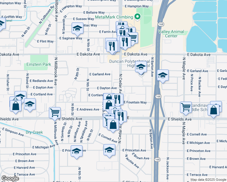 map of restaurants, bars, coffee shops, grocery stores, and more near 3535 North Cedar Avenue in Fresno