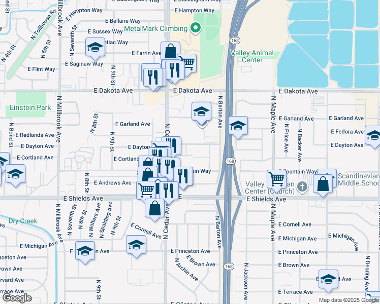 map of restaurants, bars, coffee shops, grocery stores, and more near 4306 East Dayton Avenue in Fresno