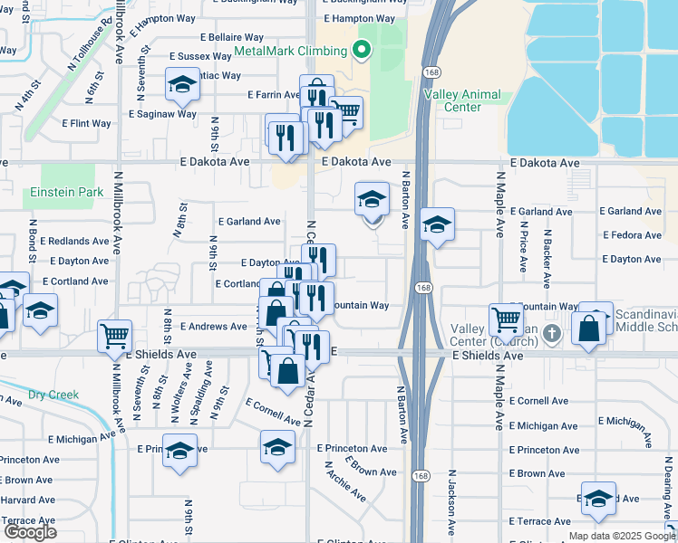 map of restaurants, bars, coffee shops, grocery stores, and more near 4306 East Dayton Avenue in Fresno