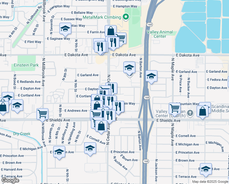 map of restaurants, bars, coffee shops, grocery stores, and more near 4232 East Dayton Avenue in Fresno