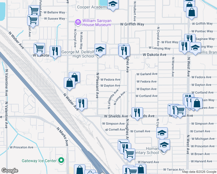 map of restaurants, bars, coffee shops, grocery stores, and more near 2316 West Dayton Avenue in Fresno