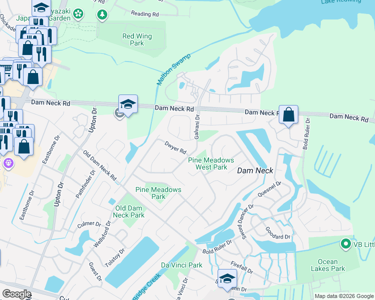 map of restaurants, bars, coffee shops, grocery stores, and more near 813 Levy Loop in Virginia Beach