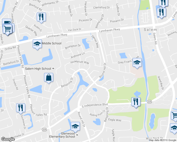 map of restaurants, bars, coffee shops, grocery stores, and more near 929 Honeycutt Way in Virginia Beach