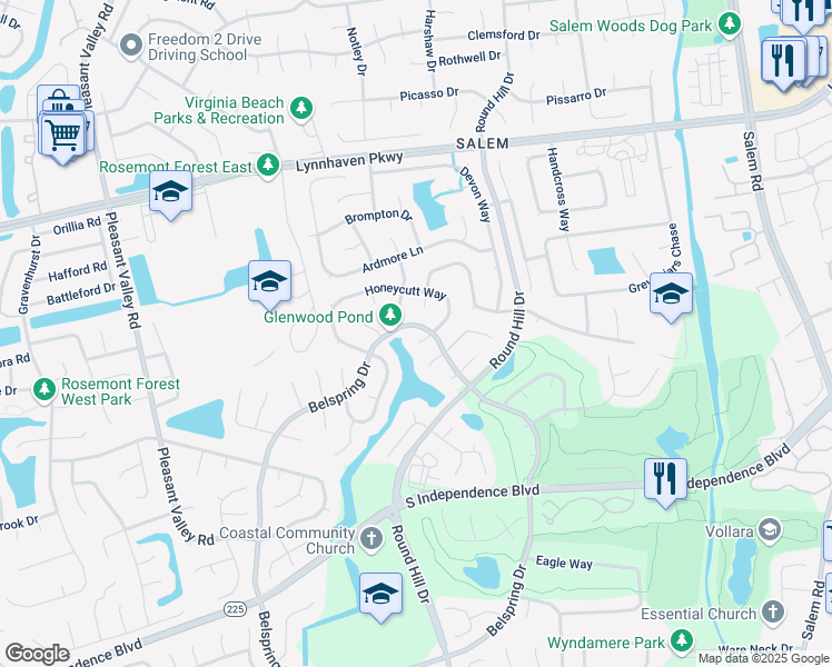 map of restaurants, bars, coffee shops, grocery stores, and more near 1896 Pepperell Drive in Virginia Beach