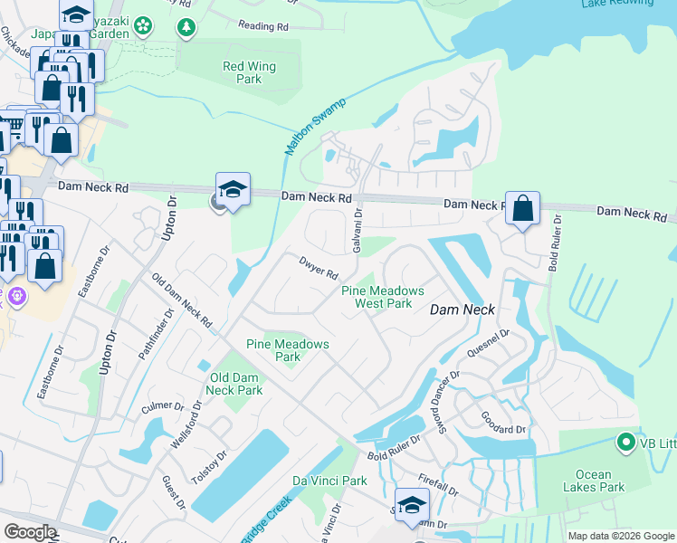 map of restaurants, bars, coffee shops, grocery stores, and more near 813 Levy Loop in Virginia Beach