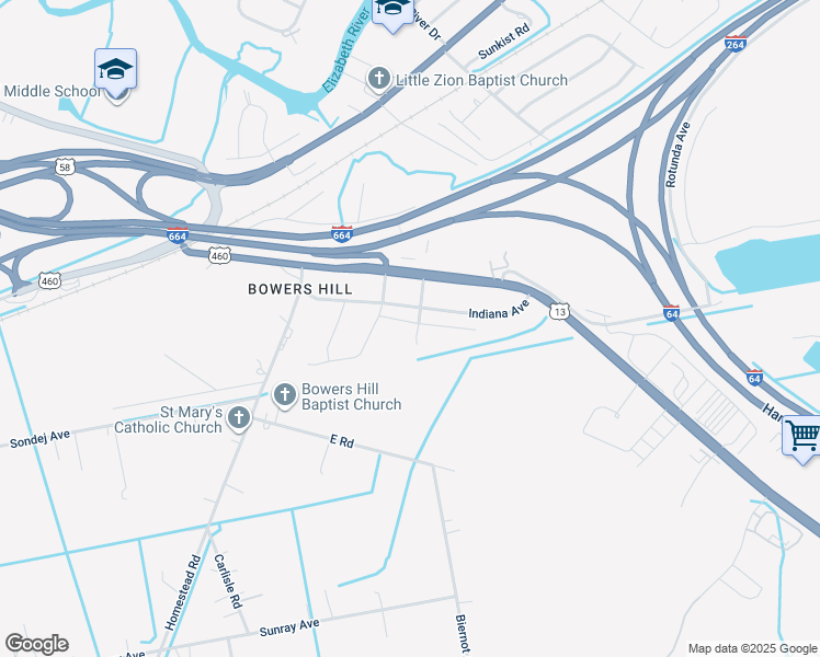 map of restaurants, bars, coffee shops, grocery stores, and more near 515 Raeside Avenue in Chesapeake