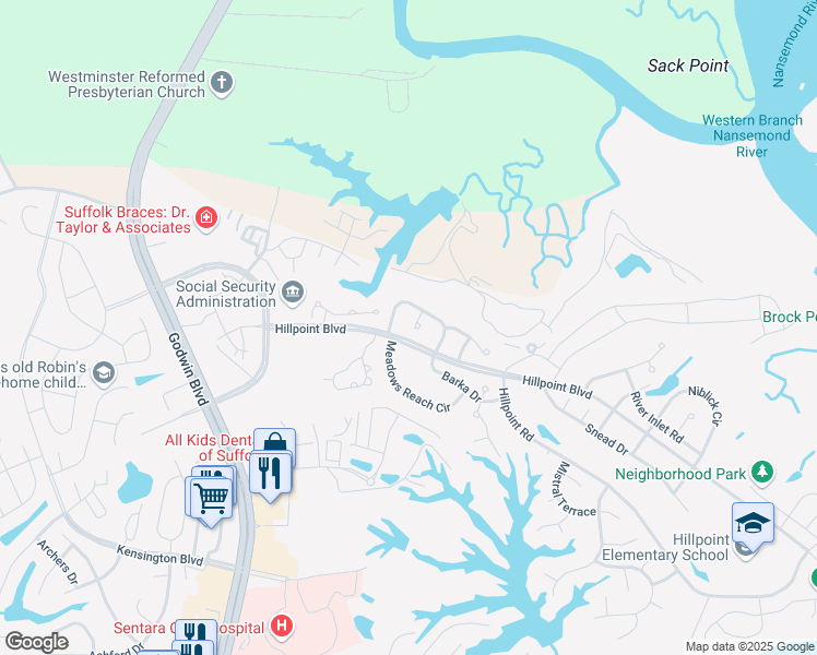 map of restaurants, bars, coffee shops, grocery stores, and more near 3402 Strata Court in Suffolk