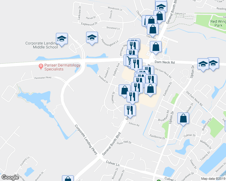 map of restaurants, bars, coffee shops, grocery stores, and more near 1613 Cassell Street in Virginia Beach