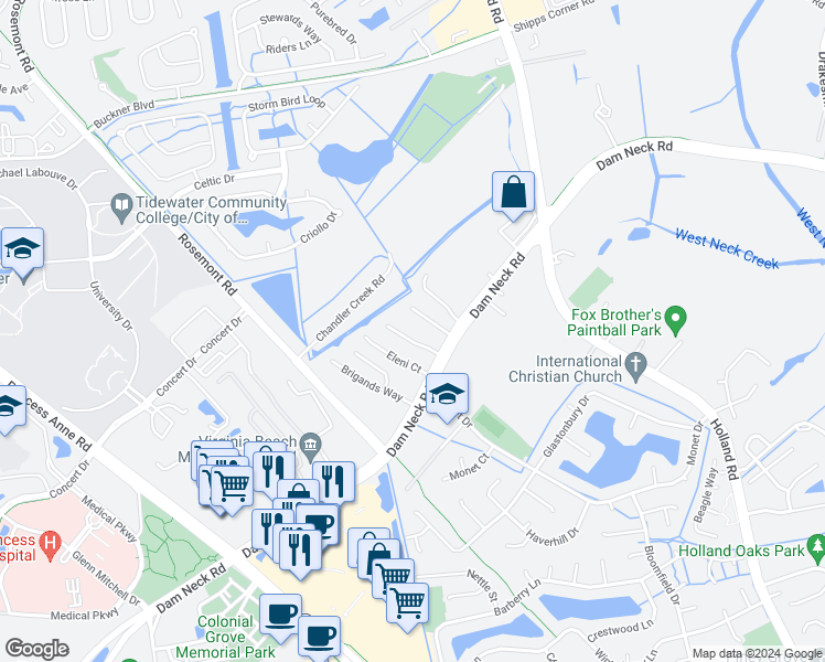 map of restaurants, bars, coffee shops, grocery stores, and more near 1732 Purpose Drive in Virginia Beach