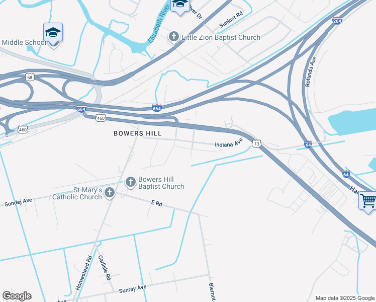 map of restaurants, bars, coffee shops, grocery stores, and more near 515 Raeside Avenue in Chesapeake