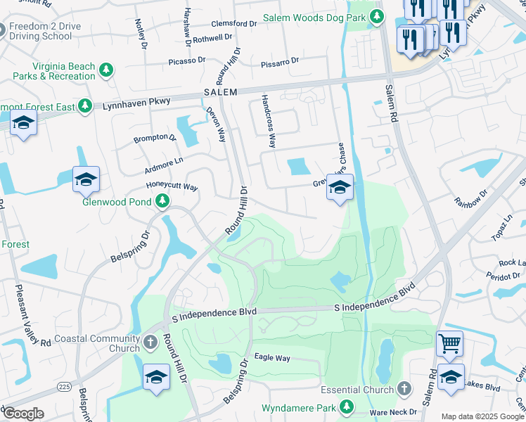 map of restaurants, bars, coffee shops, grocery stores, and more near 4441 Clevhamm Common Court in Virginia Beach