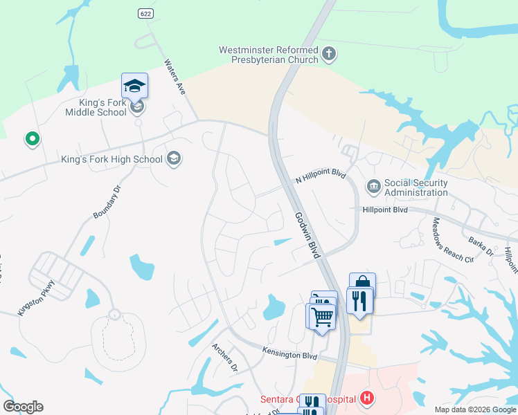 map of restaurants, bars, coffee shops, grocery stores, and more near 203 Station Drive in Suffolk