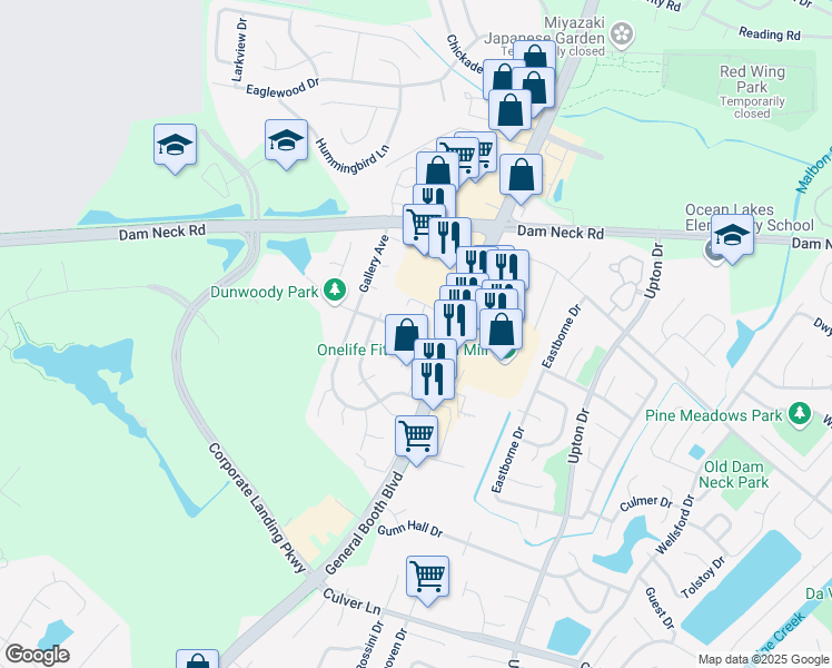 map of restaurants, bars, coffee shops, grocery stores, and more near 1545 Boles Place in Virginia Beach