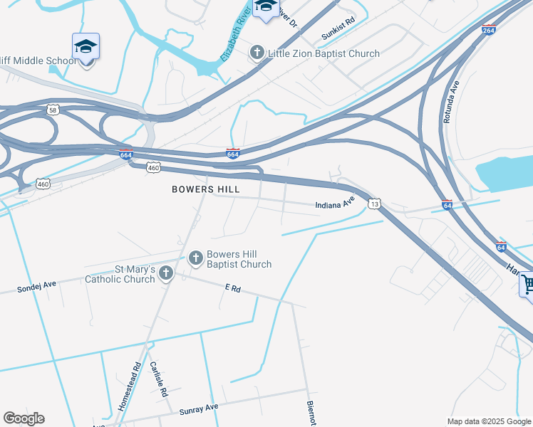 map of restaurants, bars, coffee shops, grocery stores, and more near 4553 Moonlight Way in Chesapeake