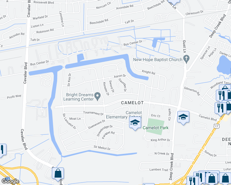 map of restaurants, bars, coffee shops, grocery stores, and more near 3044 Kenelm Drive in Chesapeake
