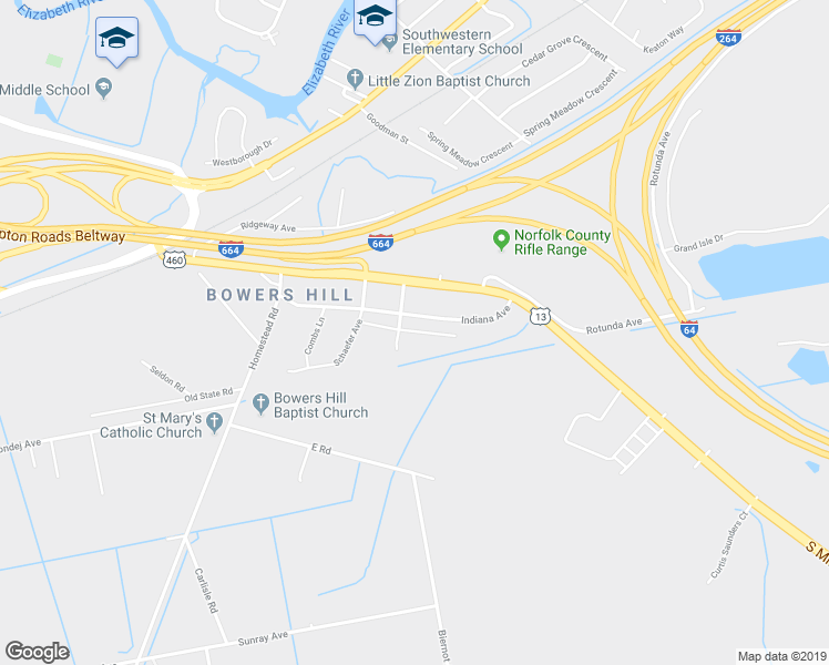map of restaurants, bars, coffee shops, grocery stores, and more near Moonlight Way in Chesapeake