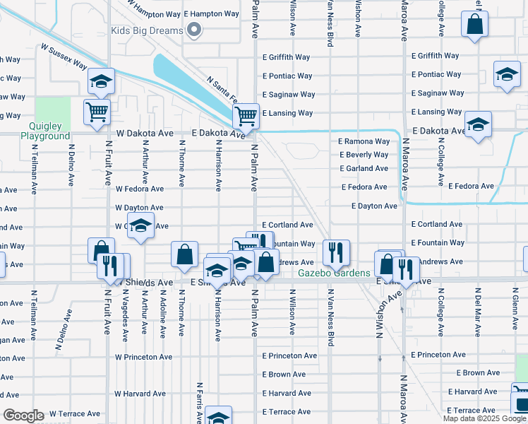 map of restaurants, bars, coffee shops, grocery stores, and more near 322 East Dayton Avenue in Fresno