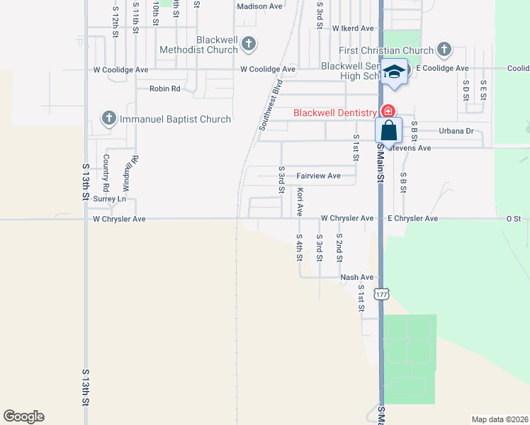 map of restaurants, bars, coffee shops, grocery stores, and more near 408 West Chrysler Avenue in Blackwell