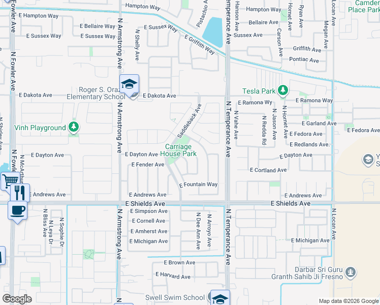 map of restaurants, bars, coffee shops, grocery stores, and more near 3286 North Dee Ann Avenue in Fresno